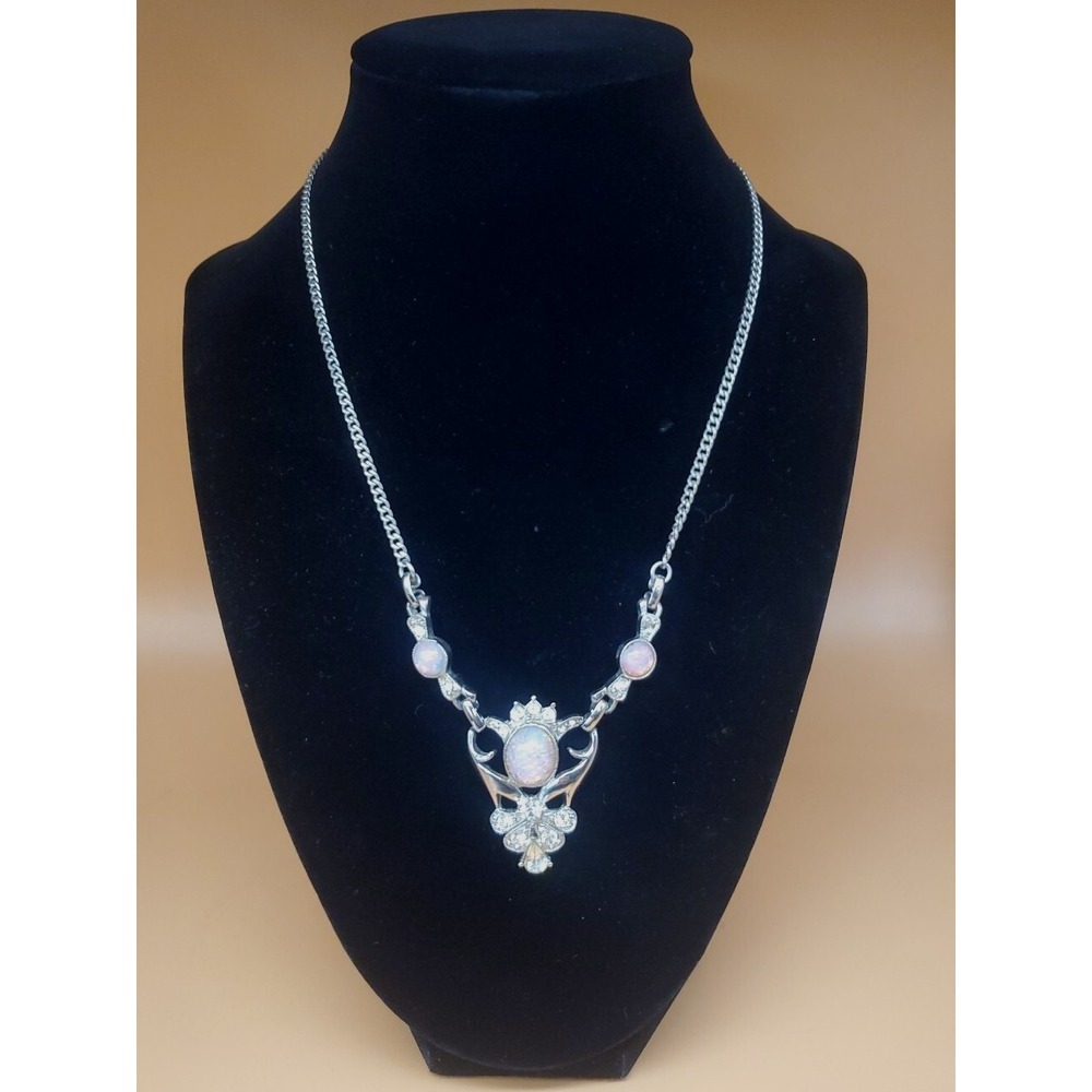 Vintage Anthony Silvertone Faux Opal And Clear Glass Rhinestone Necklace Ornate